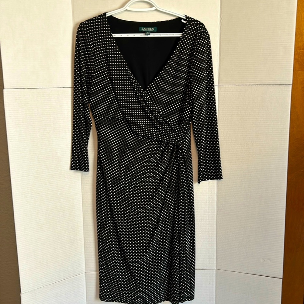 Ralph Lauren women’s 3/4 sleeve black with white polka dots midi dress.  Size 10